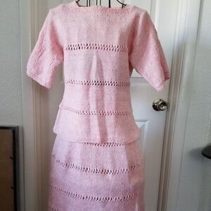 Vintage 1960s Pink Hand-Knitted 3-Piece Skirt Set – Retro Cozy Knitwear
